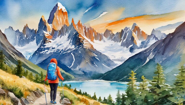 firefly watercolor painting of the fitz roy, with a person making trekking 67246