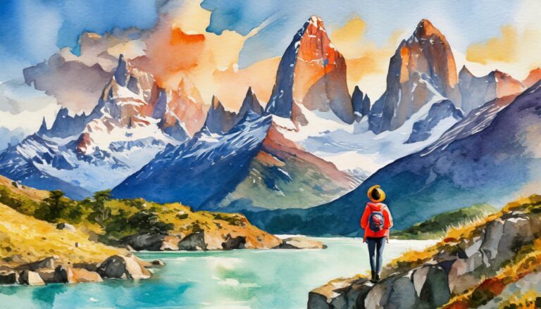 firefly watercolor painting of torres del paine national park, with a person wacthing the towers 672