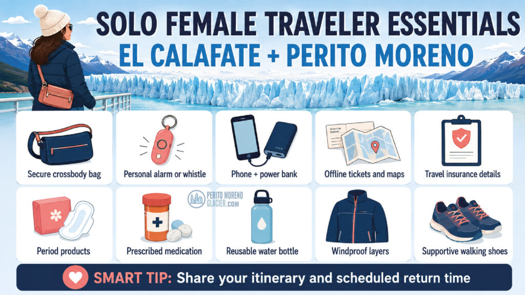 female solo traveler perito moreno infographic